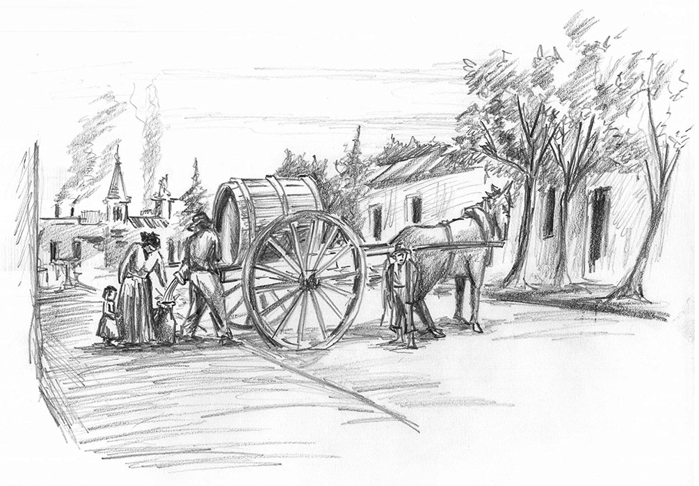 Reparto de agua en Montevideo Colonial. Dibujo: Gerardo Barbano