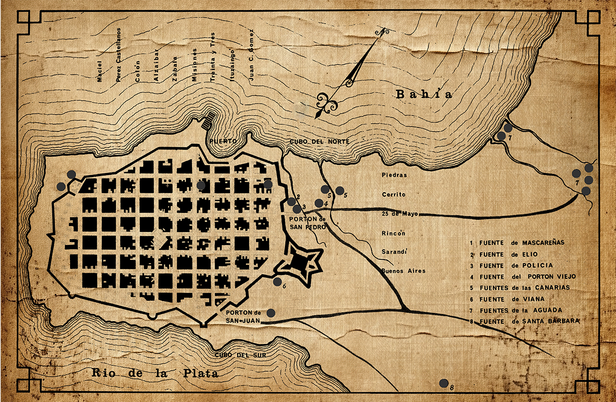 Mapa estilo antiguo de Montevideo Colonial con plano de la ciudad donde se están señalados los pozos de agua
